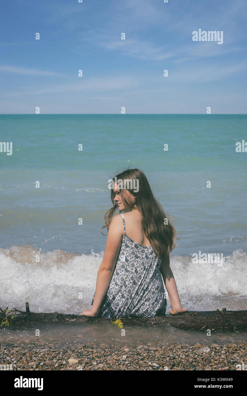 Una chica sentada en un registro en un lago Foto de stock