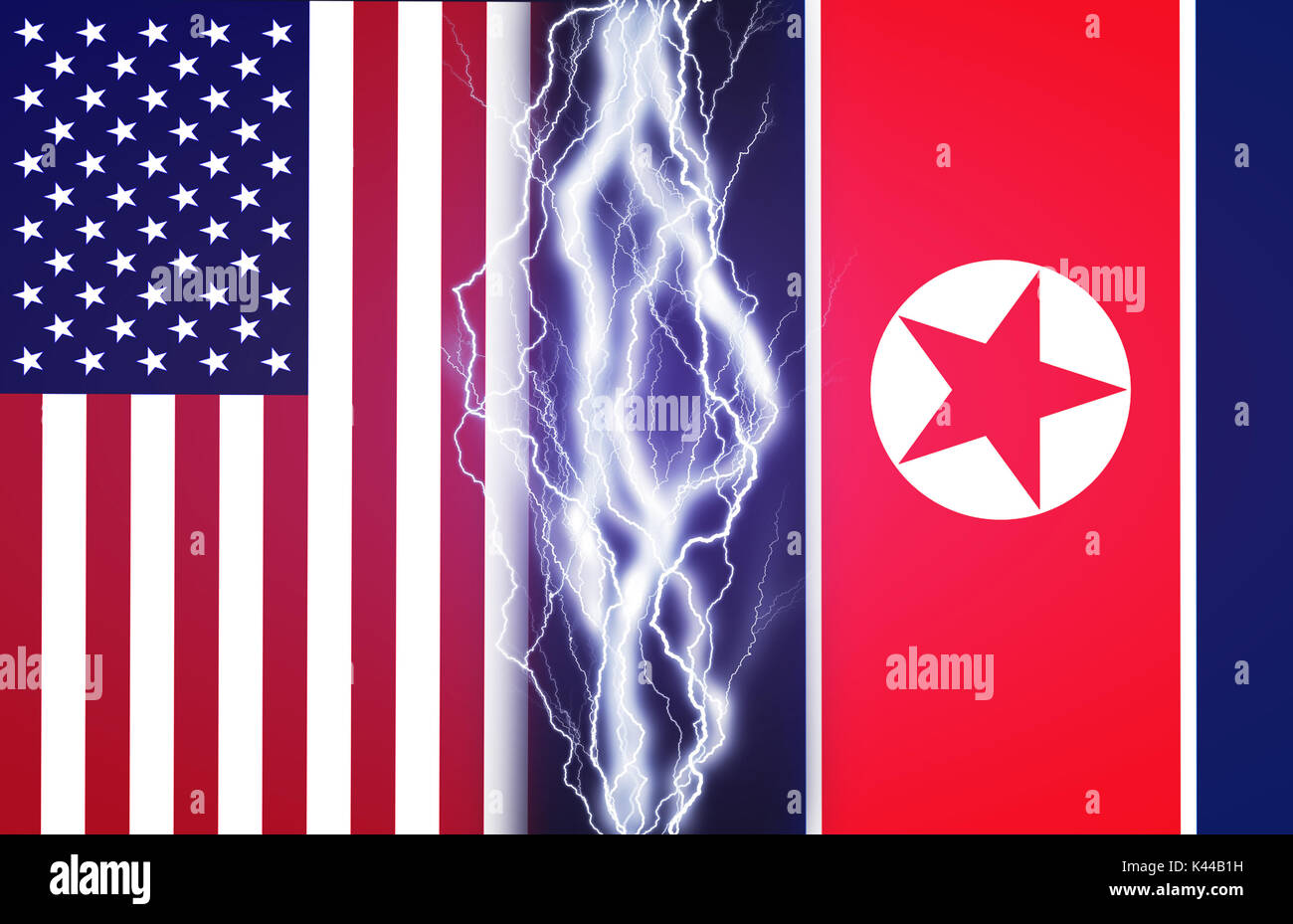 Relámpagos efecto entre las banderas de Estados Unidos y Corea del Norte. Concepto de conflicto entre dos naciones, Washington y Pyongyang. Foto de stock