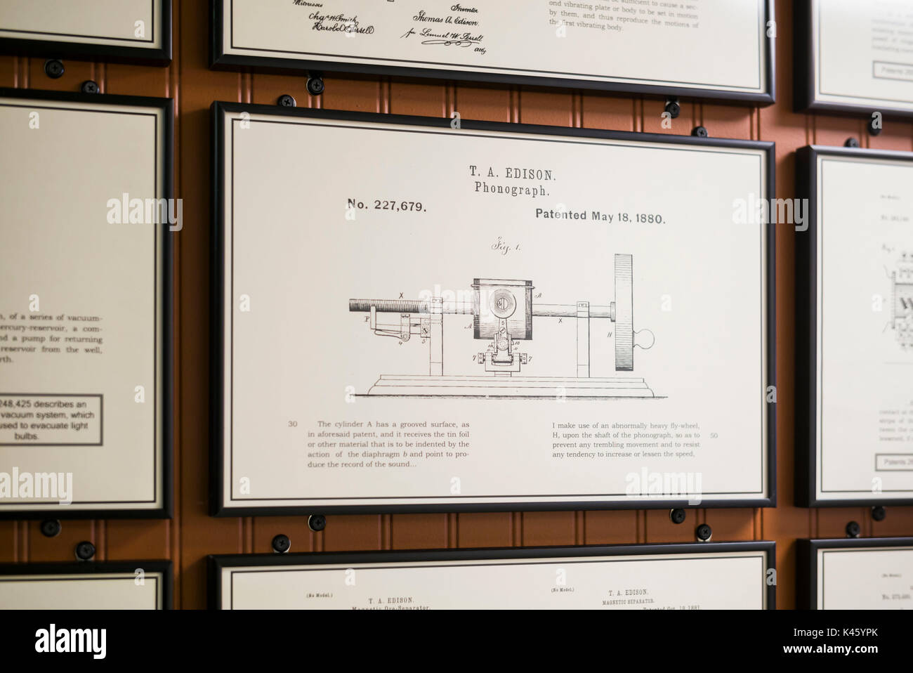Los Estados Unidos, Nueva Jersey, Menlo Park, Thomas Alva Edison Museum, construido en el emplazamiento de los inventores originales de laboratorio, dibujos de patentes de inventos de Edison Foto de stock