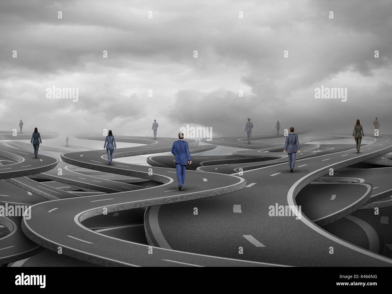 La gente de negocios como empresarios carretera caminando por senderos confundido como un símbolo de la empresa para una trayectoria y dirección estratégica con 3D illustrati Foto de stock