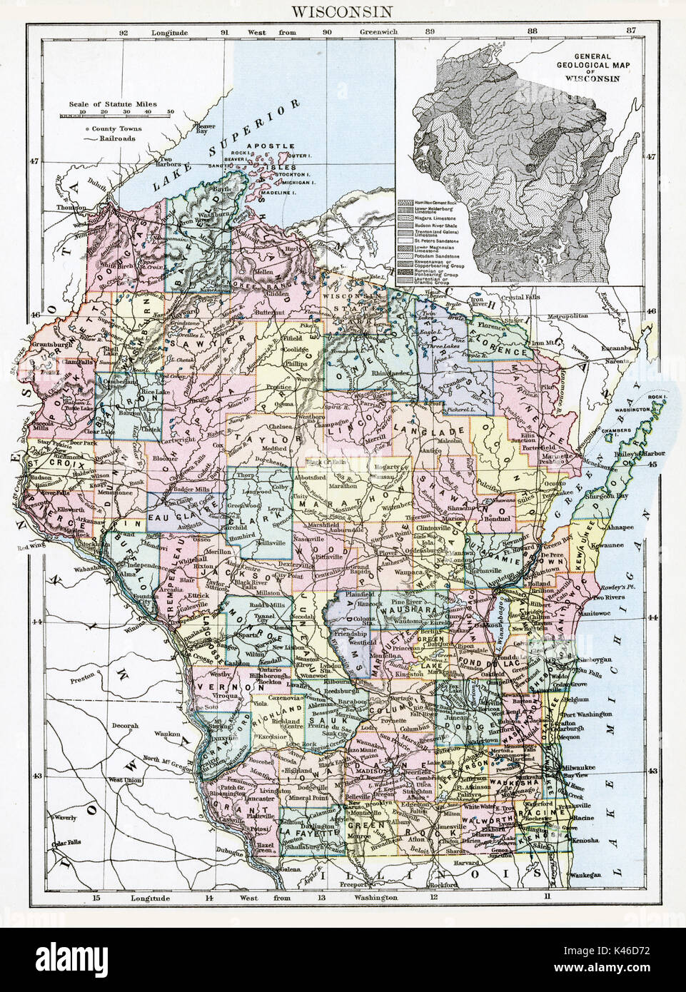 Mapa antiguo, circa 1875, de Wisconsin Fotografía de stock Alamy