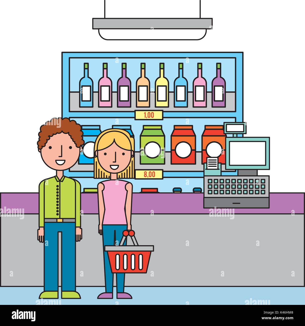 La gente en el supermercado de compras caja registradora interior estante  cartoon tienda de bebidas Imagen Vector de stock - Alamy