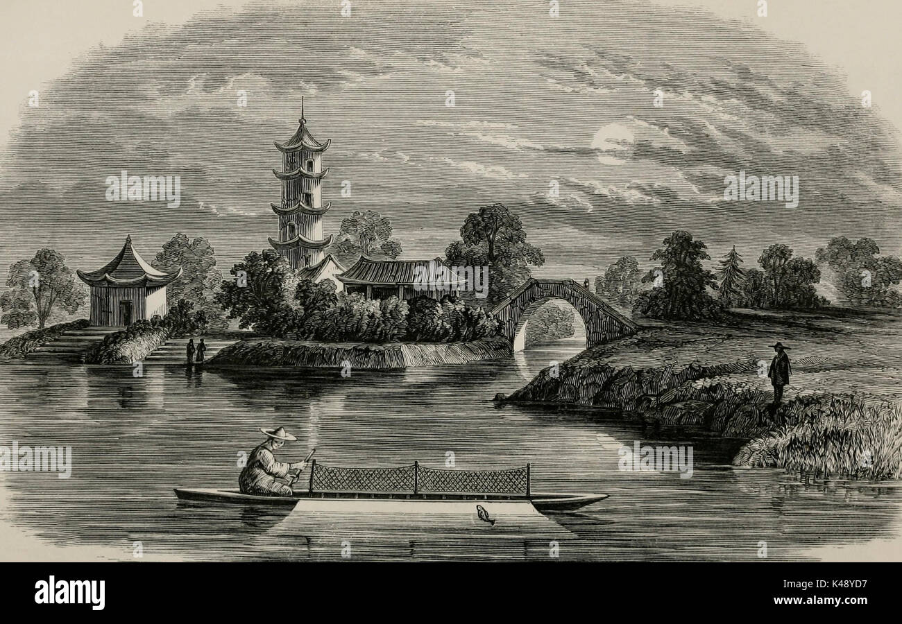 Curioso método de pesca - China, circa 1850 Foto de stock