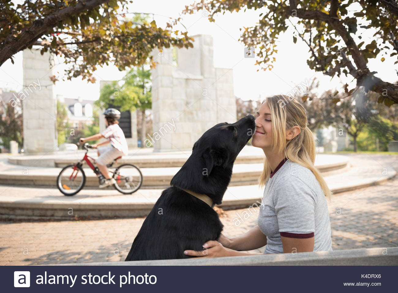 Besos de perro, lamiendo hembra dueño de la mascota en el parque Foto de stock