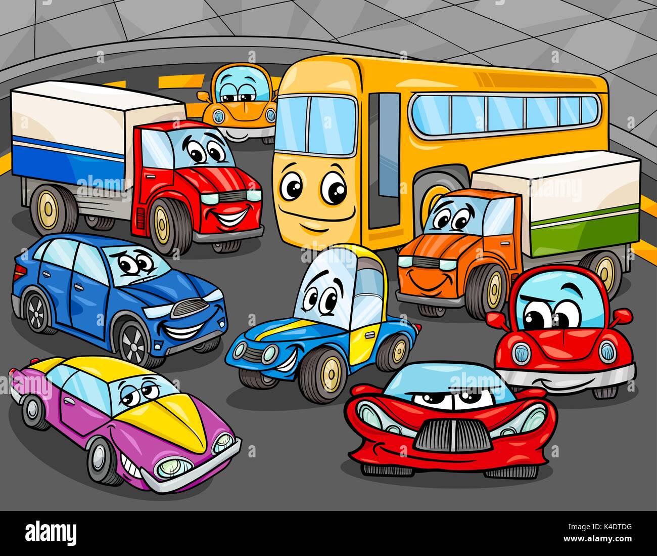 Ilustración de dibujos animados divertidos coches y vehículos del grupo de  caracteres Imagen Vector de stock - Alamy