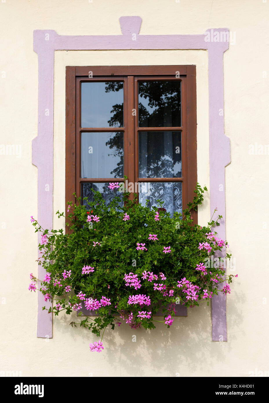 Bonita casa ventana con flores Foto de stock