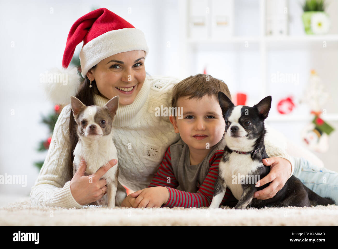 Feliz Navidad en familia. La madre, el hijo y perros celebrando la vacaciones de invierno en casa. Foto de stock
