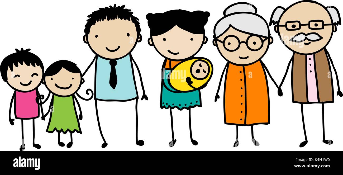 Los niños del estilo de dibujo de una familia tradicional con niños, padres  y abuelos Imagen Vector de stock - Alamy
