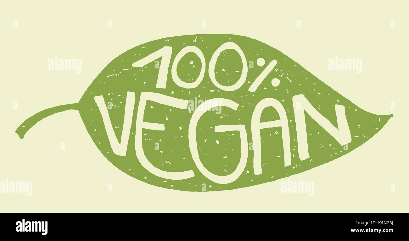 Hoja verde con sellos de goma y efecto hand lettering del texto 100% vegana. Ilustración del Vector