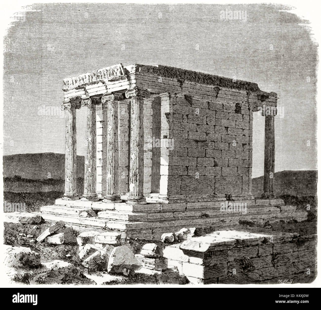 El griego antiguo templo en ruinas, en una tierra mediterránea. Vista del  antiguo templo de Atenea Nike. Creado por Therond después foto de autor  desconocido publicado en Le Tour du Monde Paris