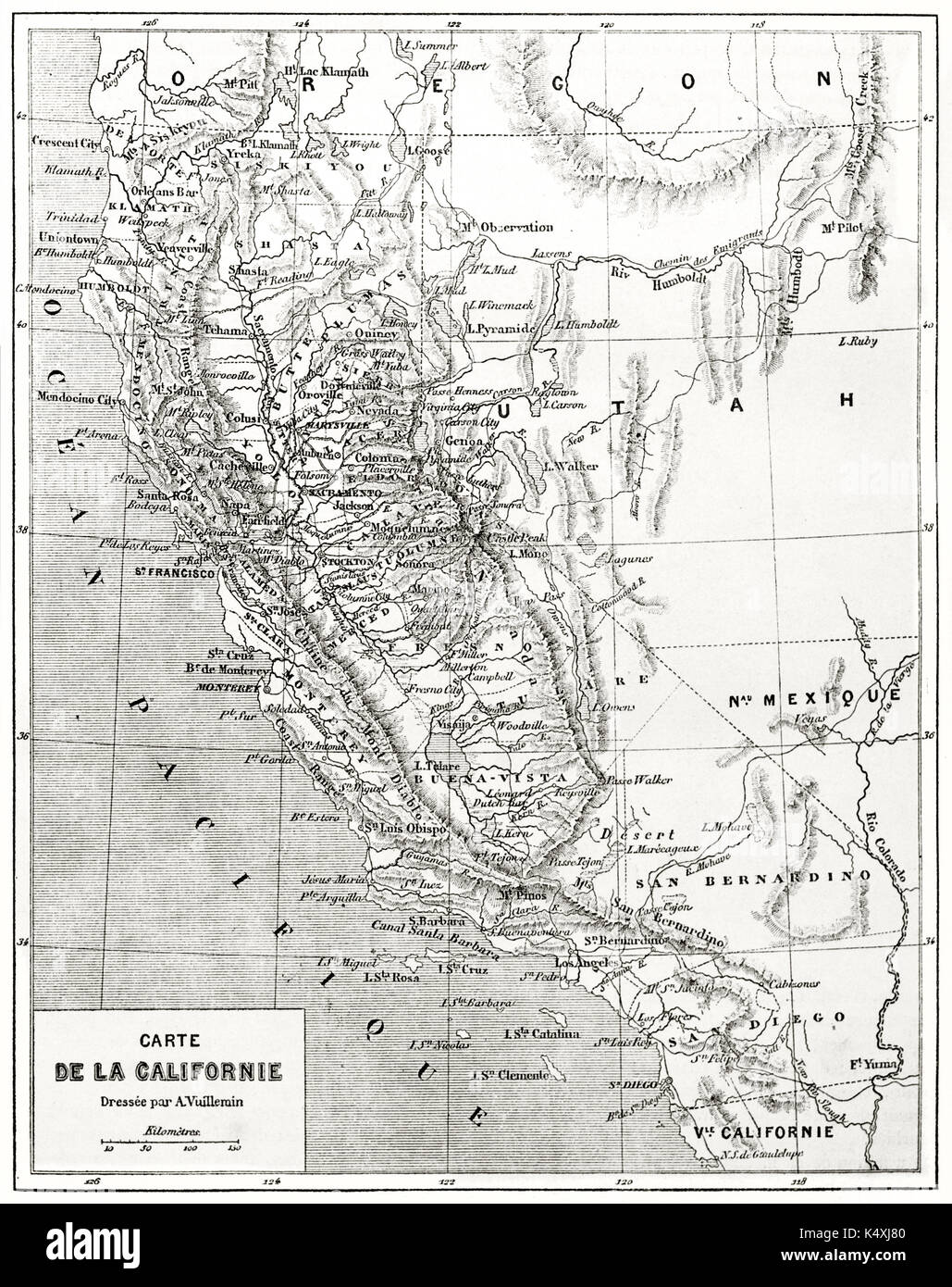 Antiguo Mapa de California en escala de grises. Creado por Erhard y Bonaparte publicado en Le Tour du Monde Paris 1862 Foto de stock