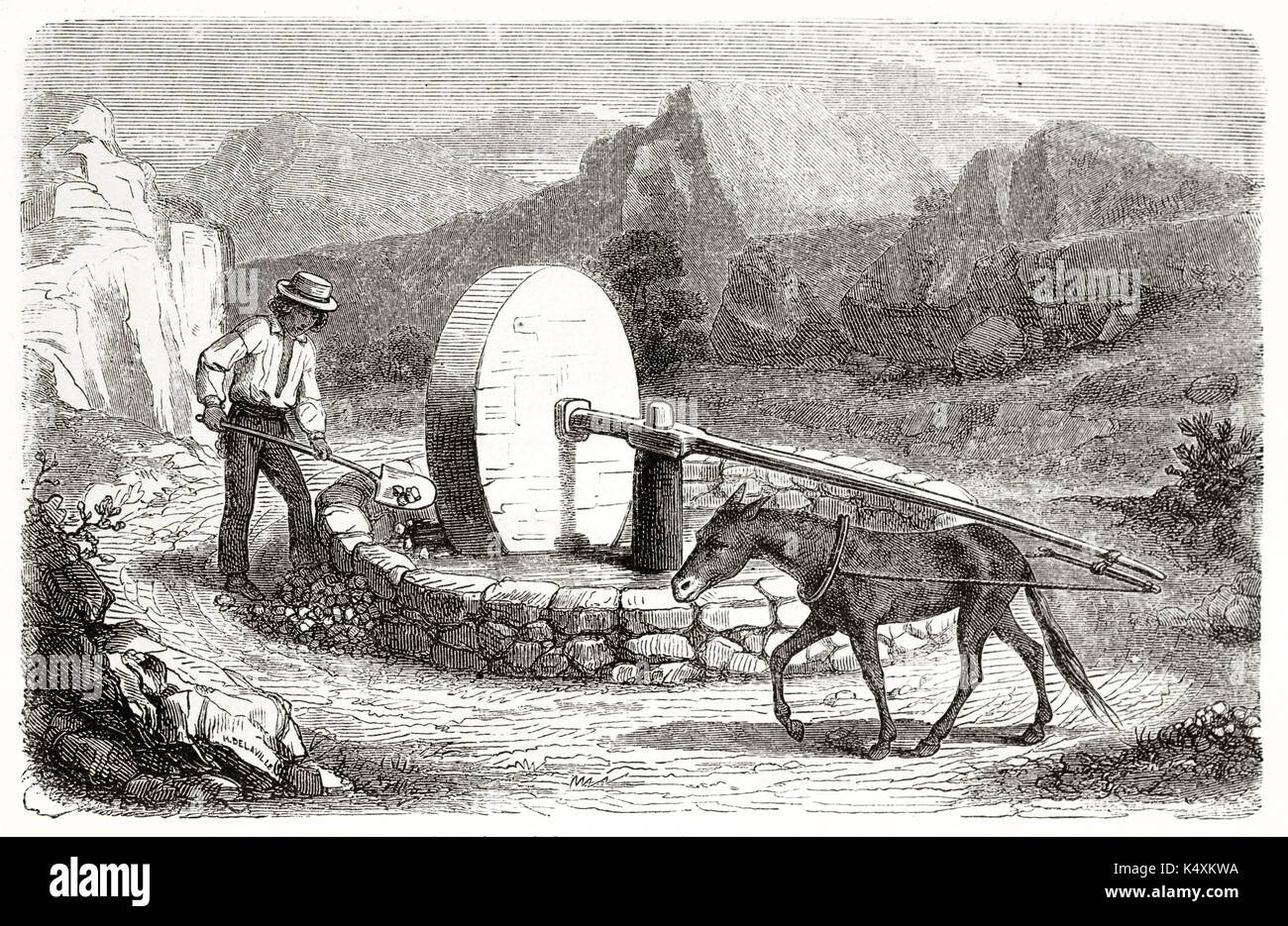 Antiguo molino de trituración exterior llevada por una mula cerca de una excavación prospector de oro en California. Creado por Chassevent después del anterior grabado de autor desconocido publicado en Le Tour du Monde Paris 1862 Foto de stock