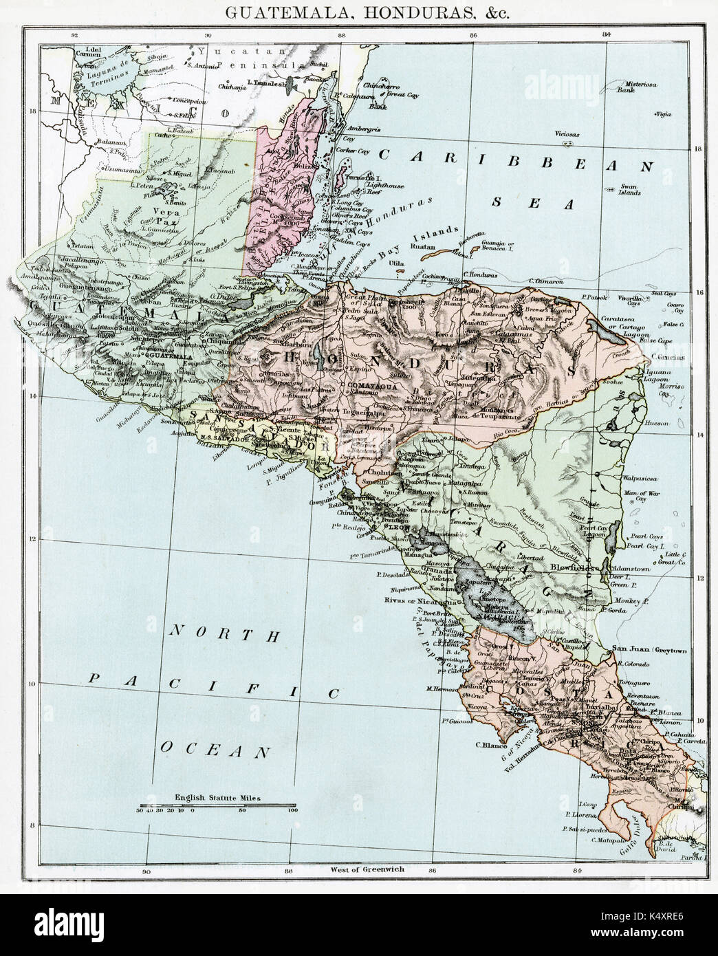 Mapa antiguo, circa 1875, de Guatemala y Honduras Foto de stock