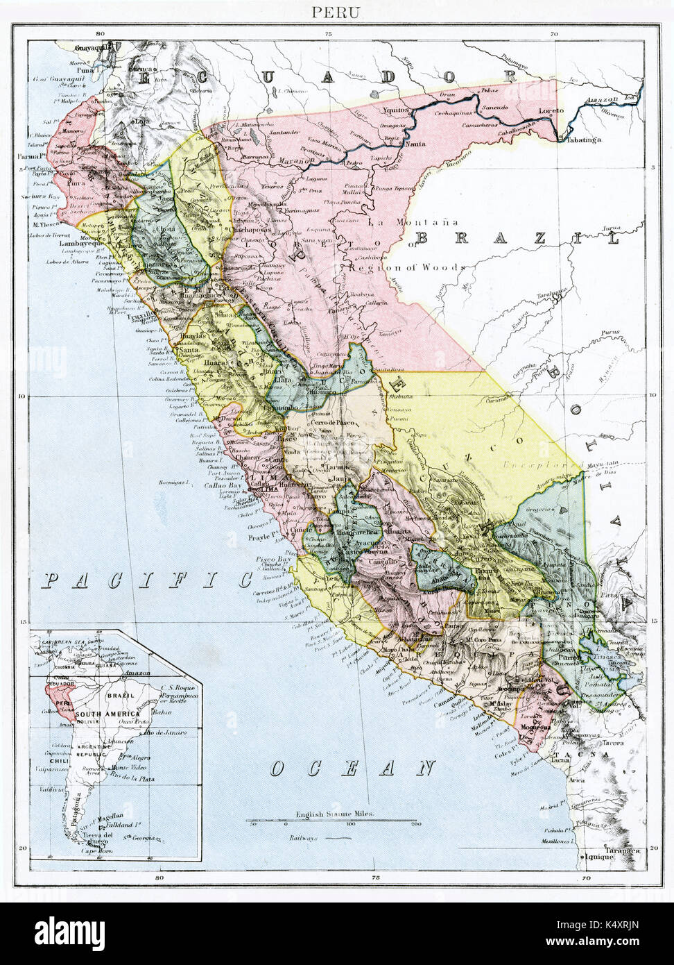 Mapa antiguo, circa 1875, del Perú Foto de stock