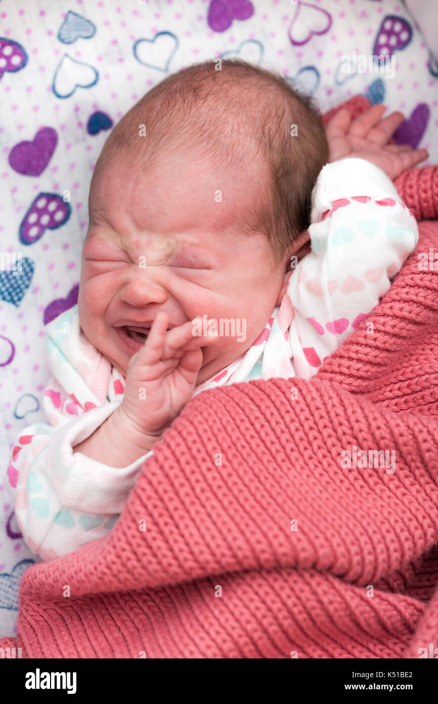 Bebé recién nacido llorando después de que se suscite en la cuna Foto de stock