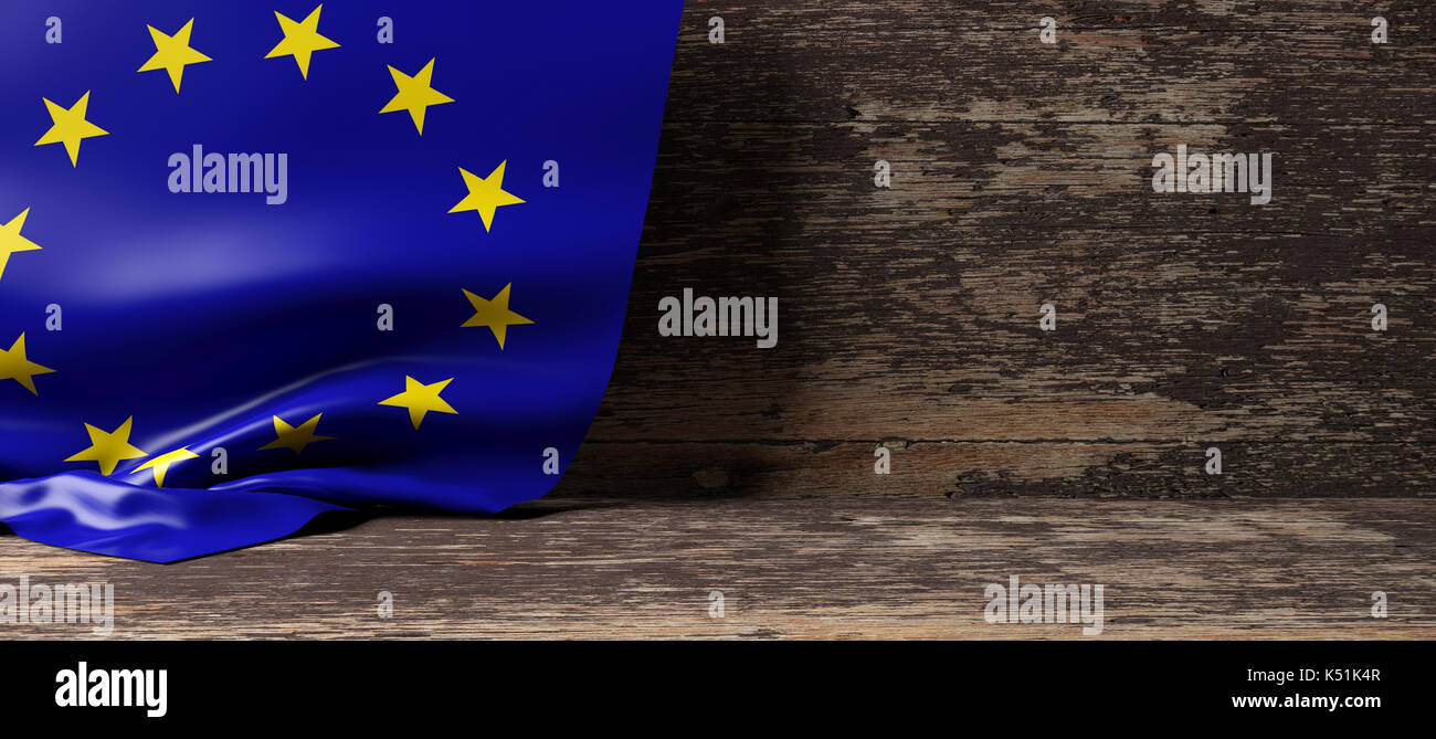 La bandera de la Unión Europea sobre un fondo de madera. Ilustración 3d Foto de stock