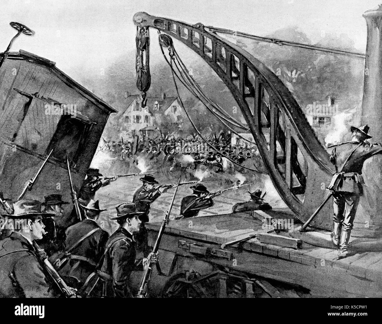 Guardias Nacionales disparando a la multitud en Loomis y 49th Streets, 7 de julio de 1894, la huelga de Pullman Foto de stock