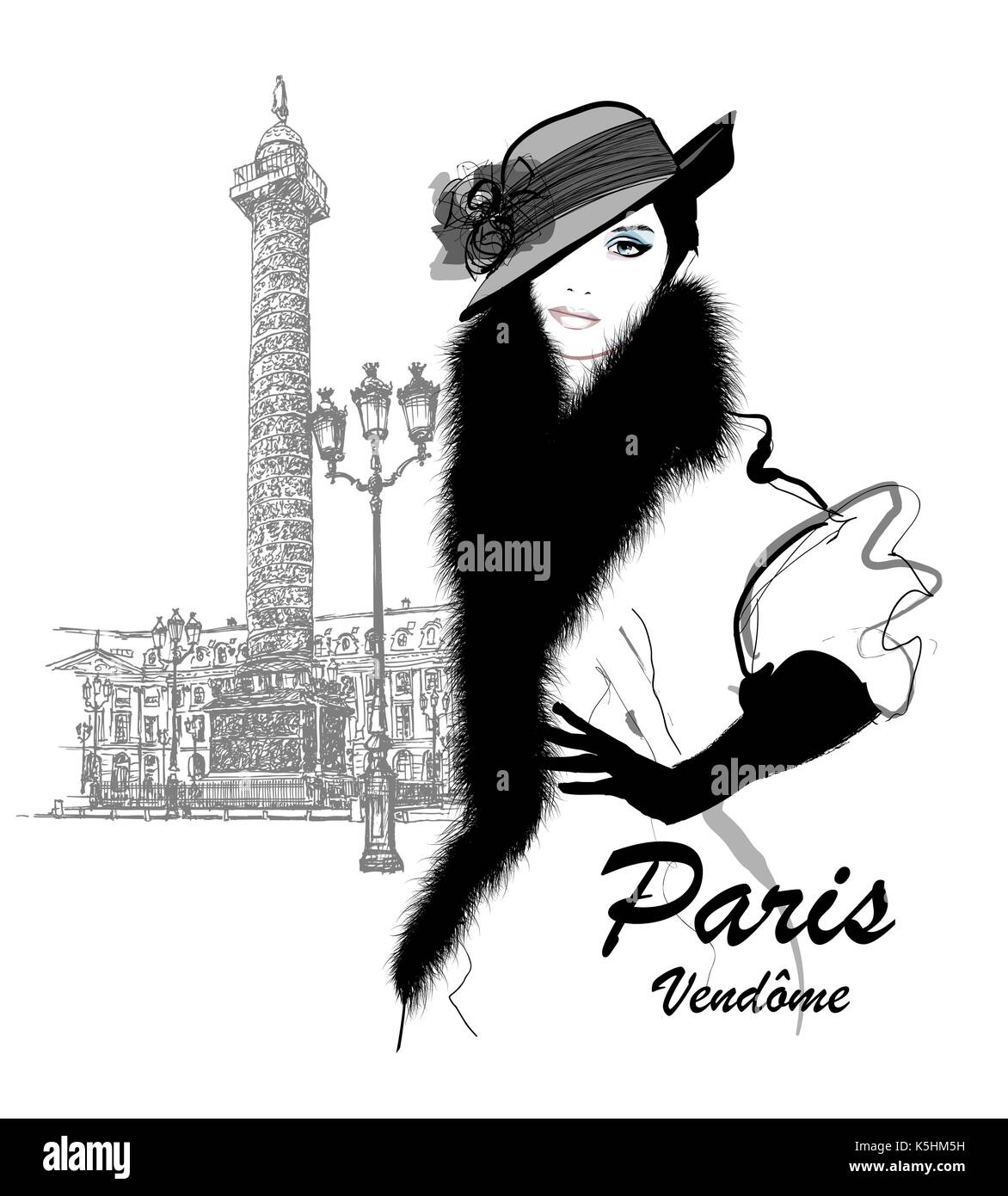 Modelo de moda cerca de Columna Vendome en París - ilustración vectorial Ilustración del Vector