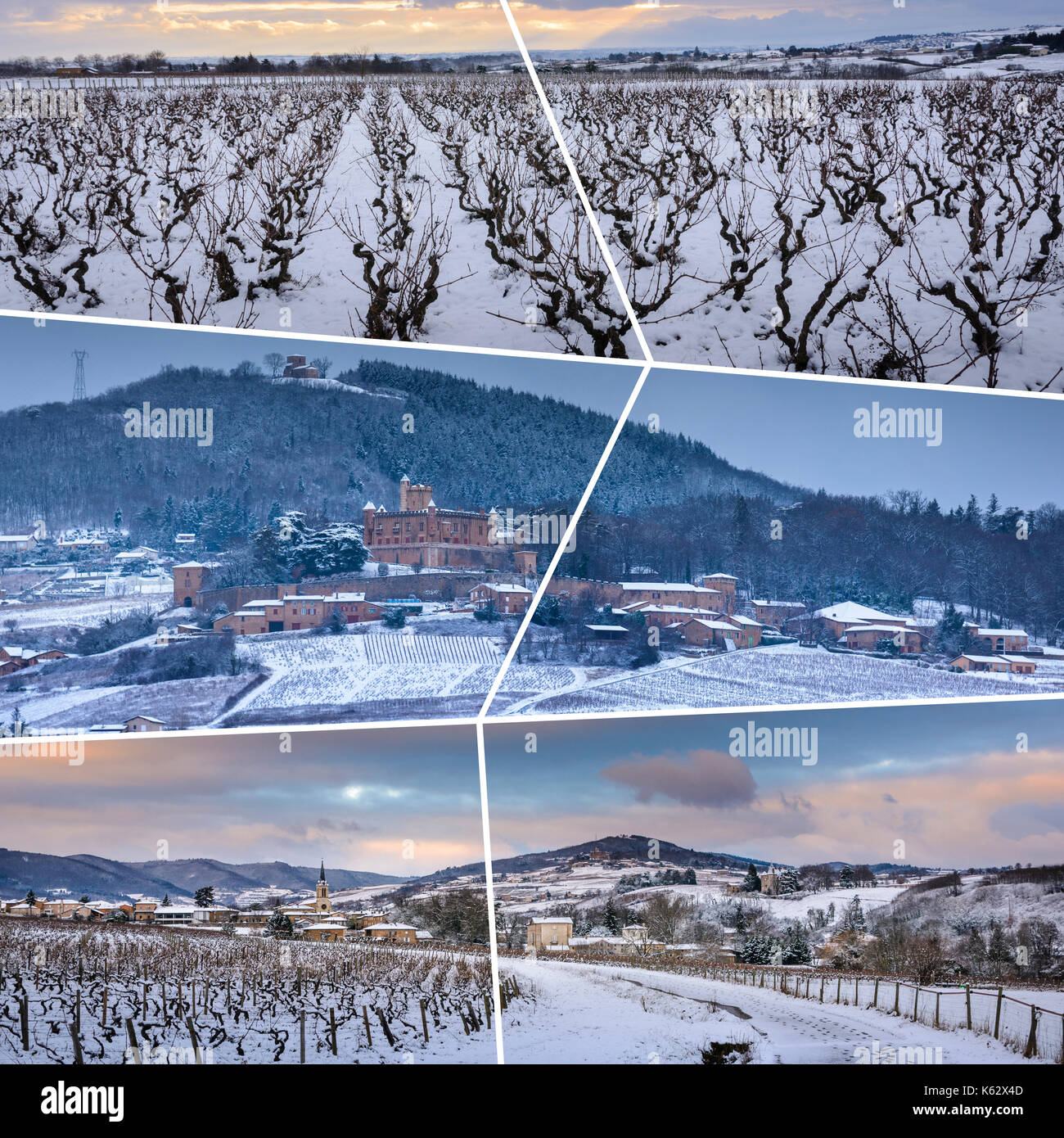 Beaujolais bajo la nieve rectangular collage fotográfico de viajes Foto de stock