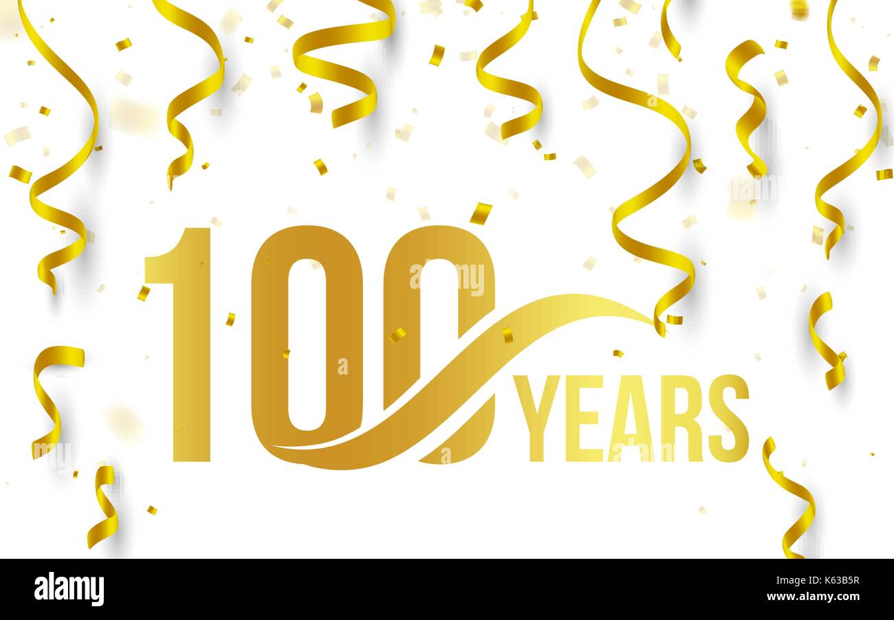 Aislados de color dorado con la palabra número 100 años icono en fondo blanco con la caída de confeti y cintas de oro, 100º aniversario cumpleaños logotipo, elemento de tarjeta de felicitación, ilustración vectorial Ilustración del Vector