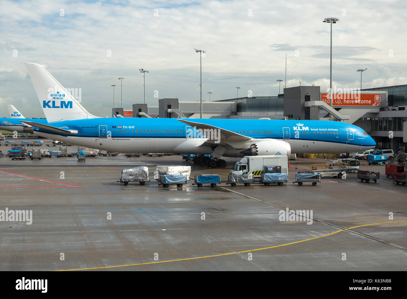 Boeing 787 Dreamliner KLM PH-BHF al Aeropuerto Schiphol de Amsterdam, a la  espera de pasajeros y siendo cargado con carga y equipaje Fotografía de  stock - Alamy