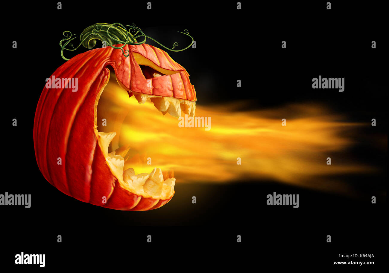 Pumpkin llamas sobre un fondo negro como demon fire blaze scary jack o lantern personaje en una vista lateral de la respiración antorcha quema caliente. Foto de stock