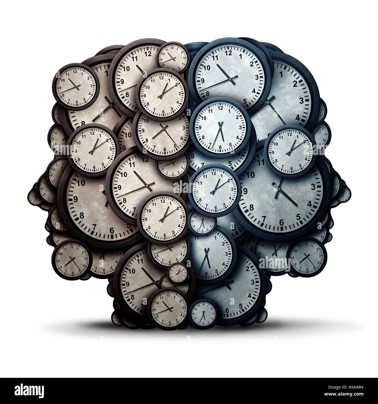 Concepto de encuentro tiempo para pensar como un grupo de objetos con forma de reloj como dos cabezas humanas como un negocio de puntualidad y cita la cooperación. Foto de stock