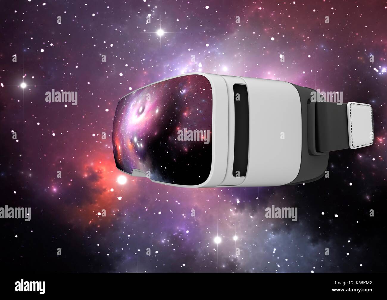 Imagen conceptual de un casco de realidad virtual en la enseñanza de la astronomía y la ciencia. Una vista de un espacio ultraterrestre nebula es mostrado en el panel de cristal frontal y en el fondo. Foto de stock
