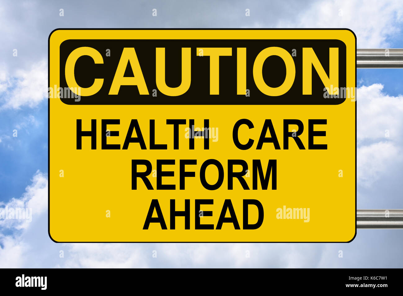 La reforma de la atención de salud por delante, señales de advertencia amarillo Foto de stock