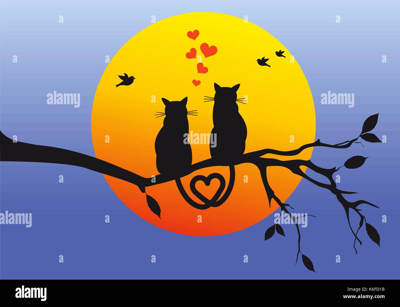 Gatos sentados en la rama de árbol contemplando el atardecer, ilustración vectorial Ilustración del Vector