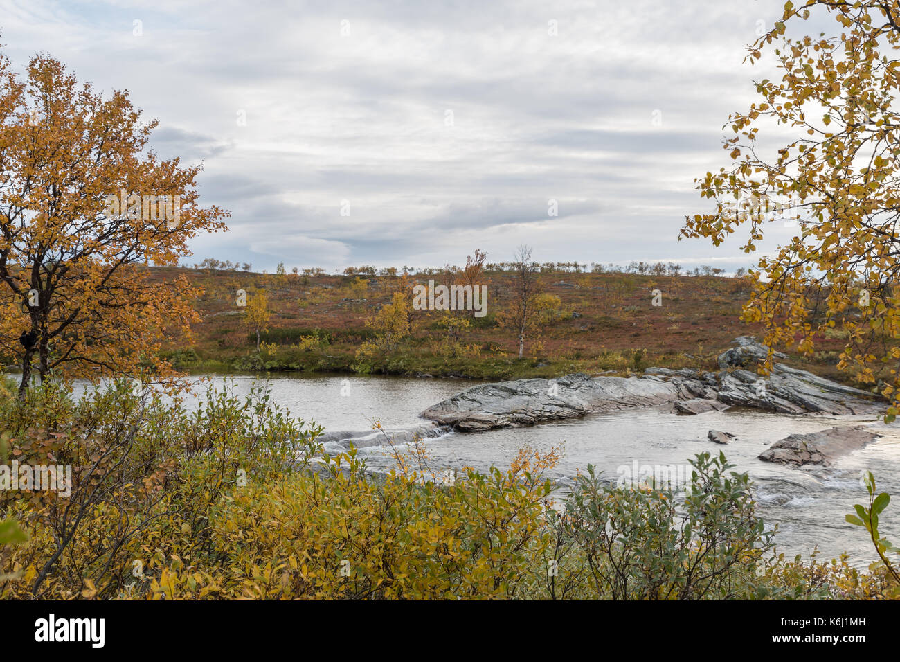 Otoño en la montaña en alta con un río de Finnmark Foto de stock