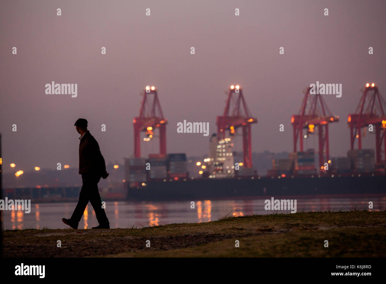 Hombre mirando hacia fuera a través del puerto de Durban al amanecer, lleno de contenedores, buques y grúas como visto desde Wilson's Wharf, Durban, Sudáfrica Foto de stock