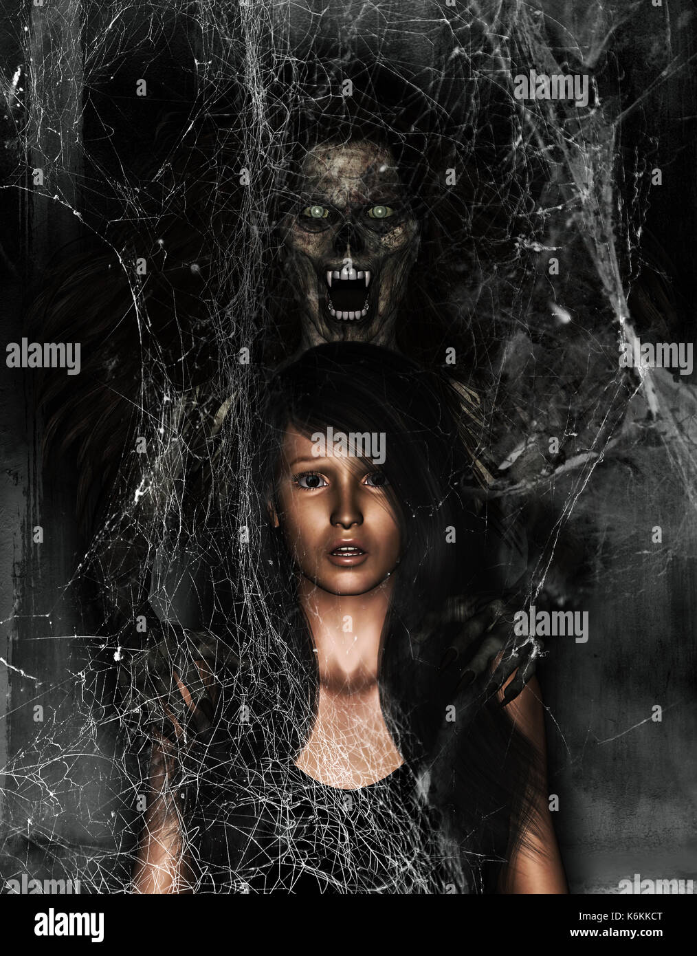 Ilustración 3d de miedo mujer fantasma detrás de la chica,horror antecedentes,mixed media Foto de stock