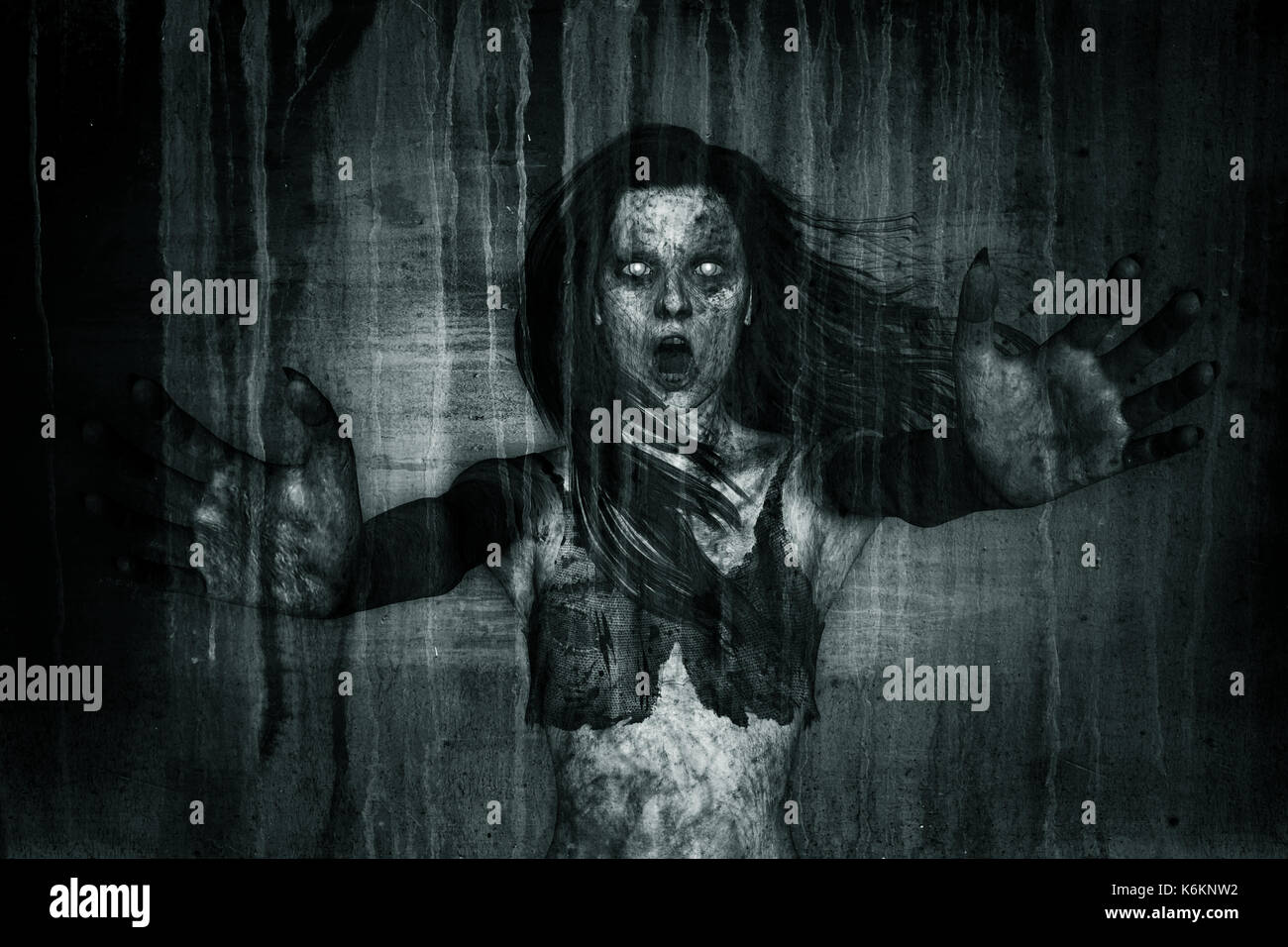 Ilustración 3d de miedo ghost mujer gimiendo en la oscuridad, fondo de Horror,mixed media Foto de stock