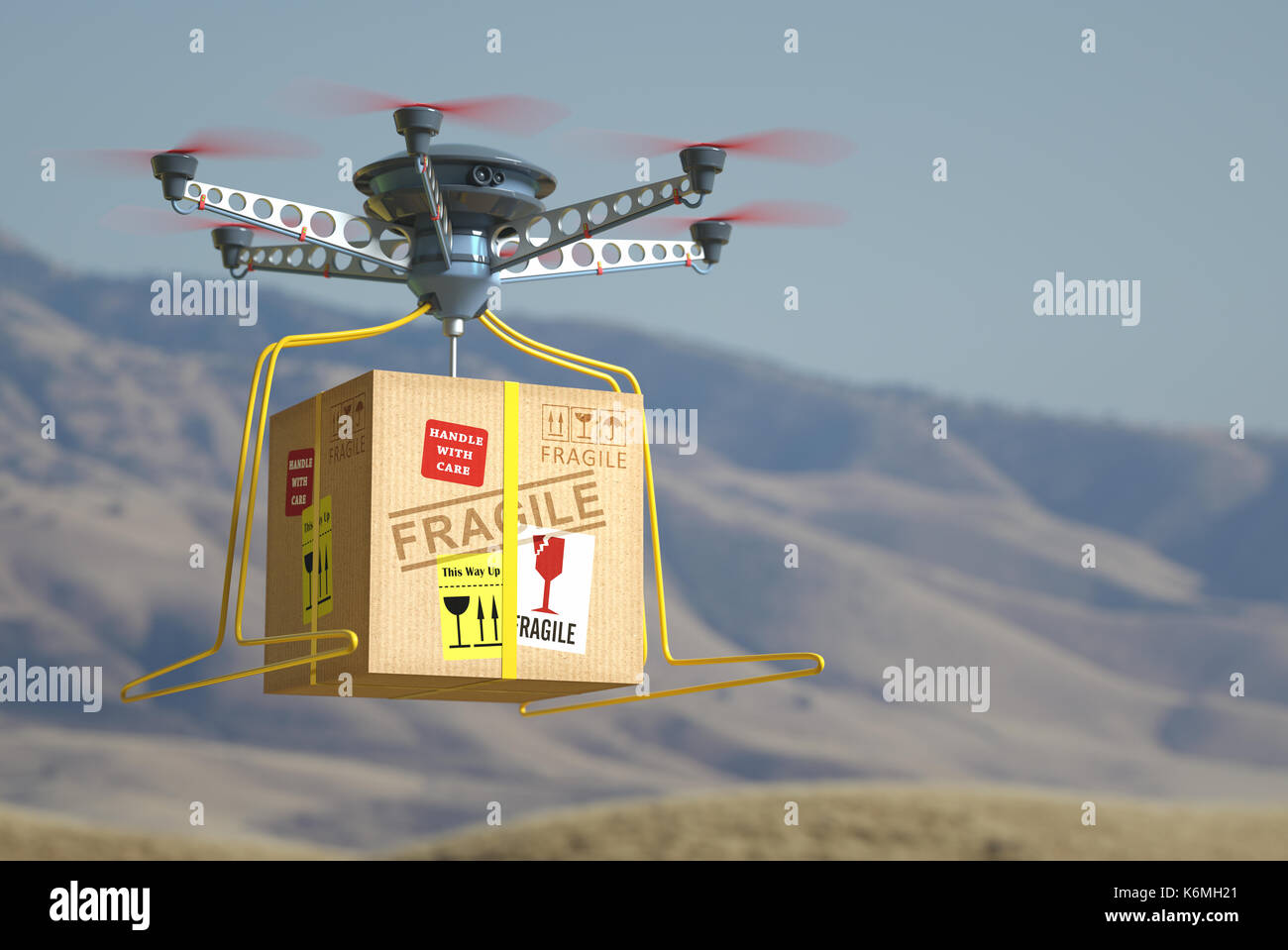 Entrega de paquetes a través de drone. El futuro de correo. Foto de stock