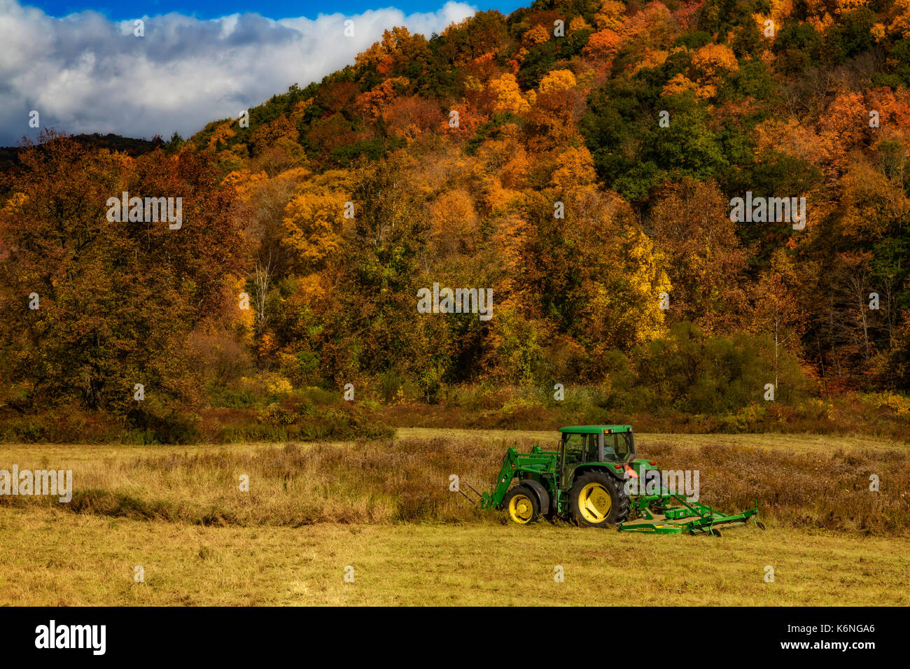 Tractor John Deere - Agricultor trabaja en el campo con un tractor John Deere 640 con una segadora rotativa HX10 adjunto en la espalda y las lanzas de fardo en la parte delantera del tractor. Las montañas en el fondo están mostrando los colores cálidos de la temporada de otoño. Foto de stock