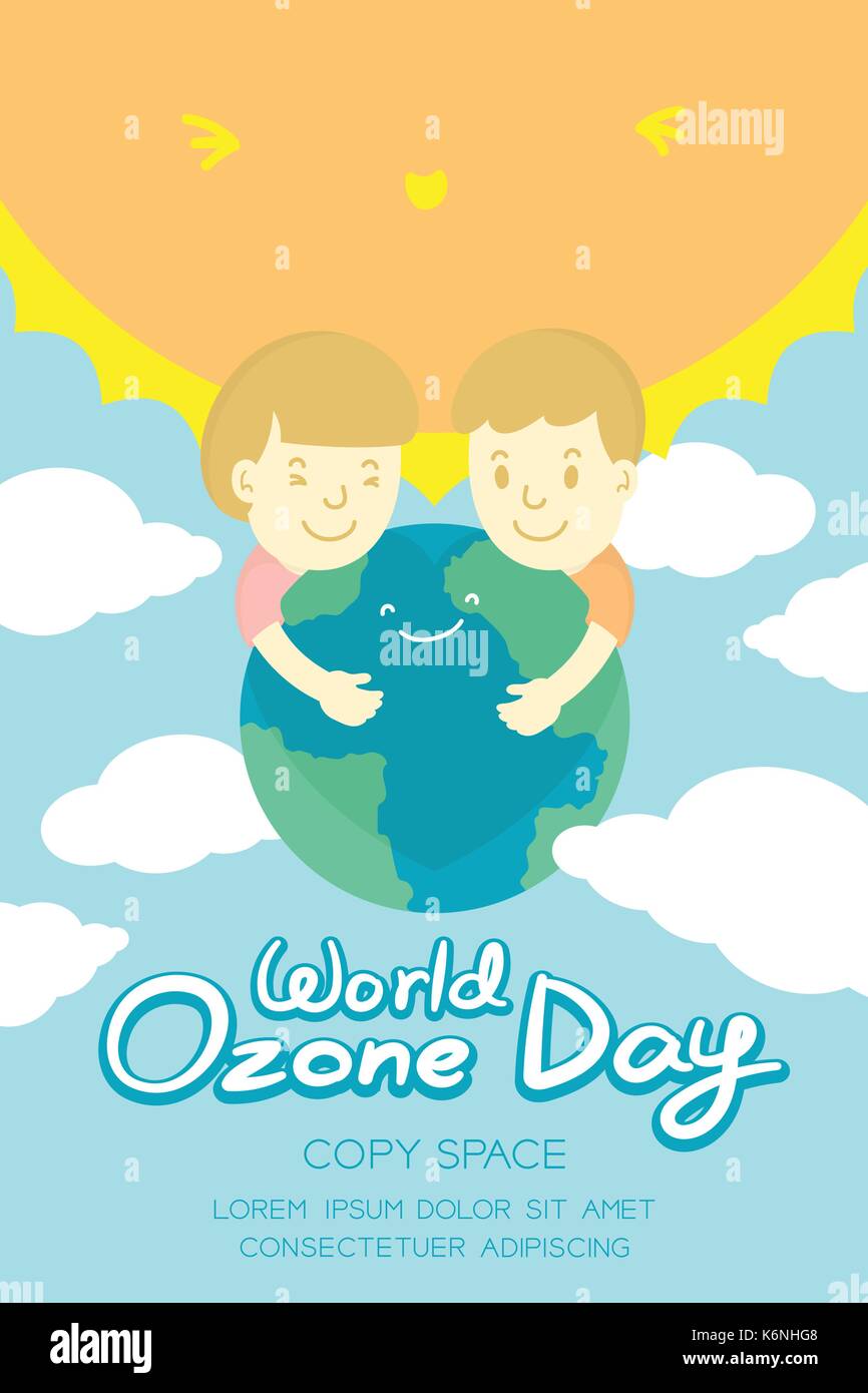 Día mundial del ozono el 16 de septiembre de banner vertical, concepto de calentamiento global kids abrazo sonrisa de protección de la tierra, el sol, el cielo y la nube aislados en la ilustración Ilustración del Vector