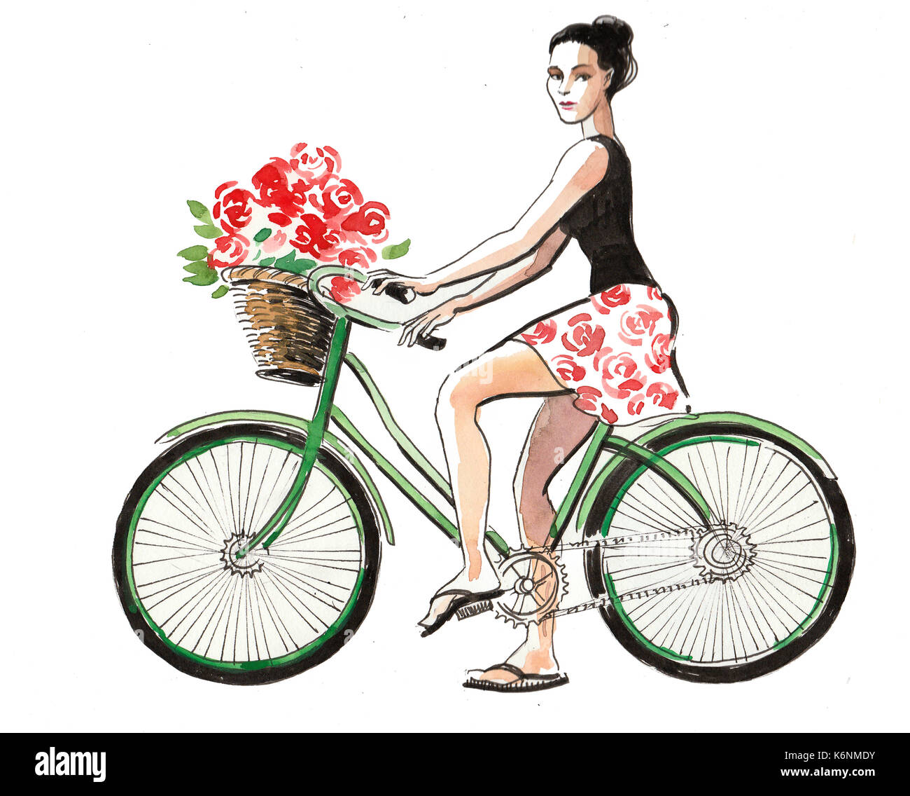 Chica en una bicicleta con una canasta de flores, Dibujo de acuarela  Fotografía de stock - Alamy