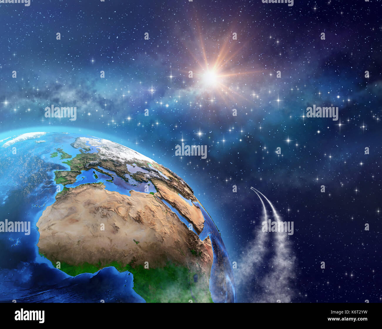 Las naves espaciales o satélites en órbita alrededor de la tierra, la luz del sol brillando en el espacio profundo detrás de los elementos de esta imagen proporcionada por la NASA - illustratio 3d Foto de stock