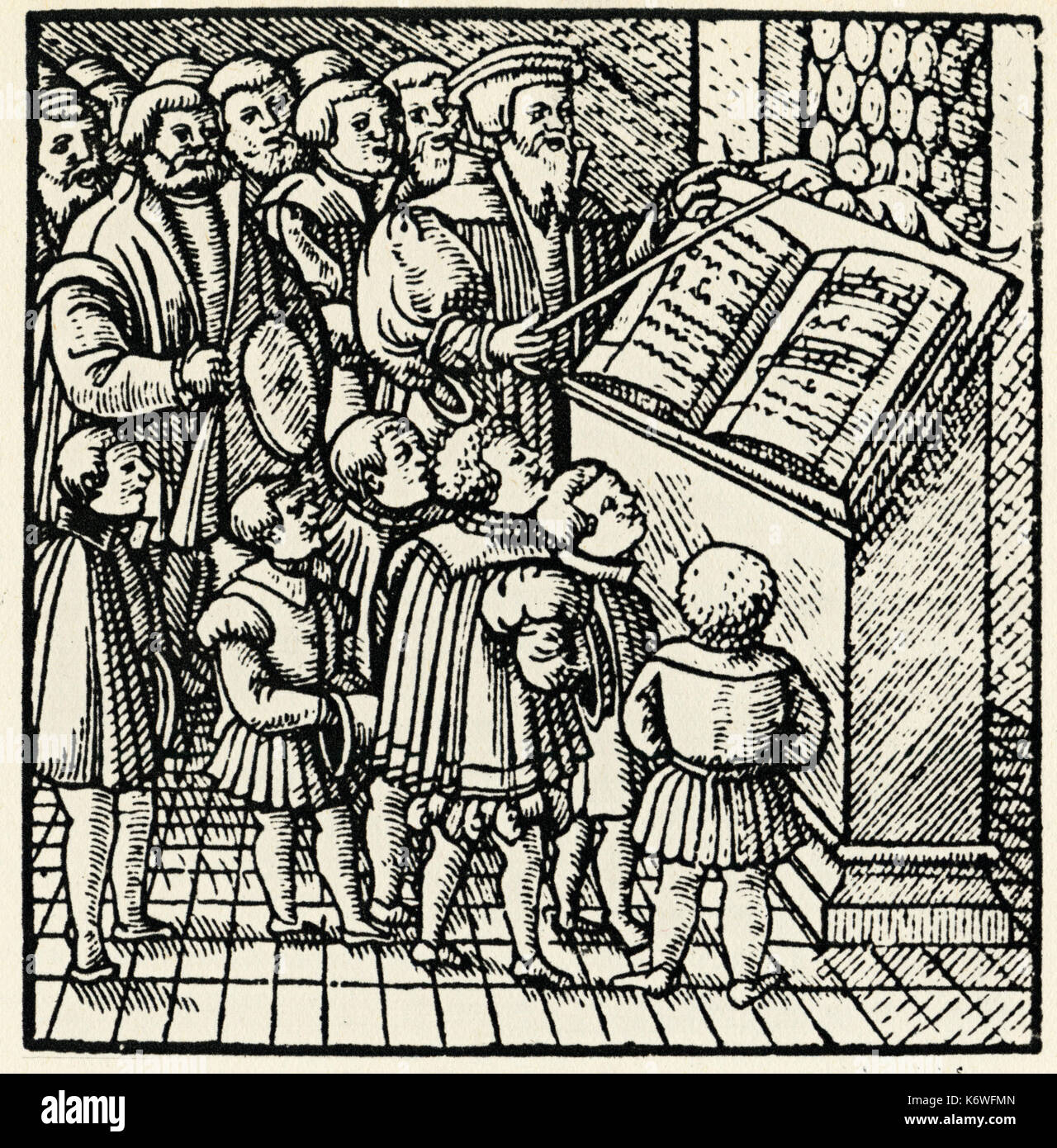 Coro - siglo XVI xilografía - Salmos cantando en la Iglesia. Hombres y Chicos cantando desde gran salterio Foto de stock