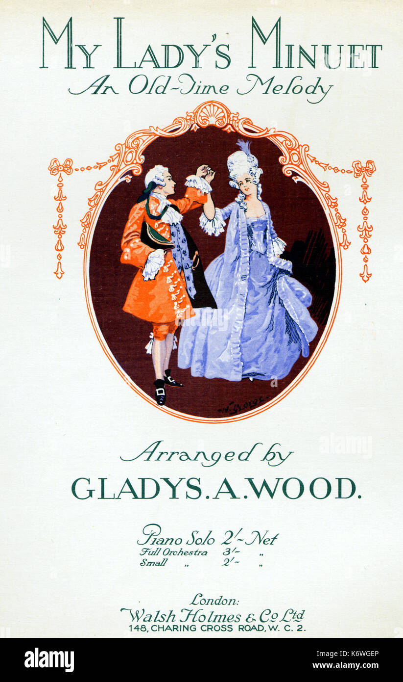 Cubierta de puntuación de 'My Lady's Minuet' con la pareja bailando minuet en vestido del siglo xviii . Organizado por g de una madera. Foto de stock