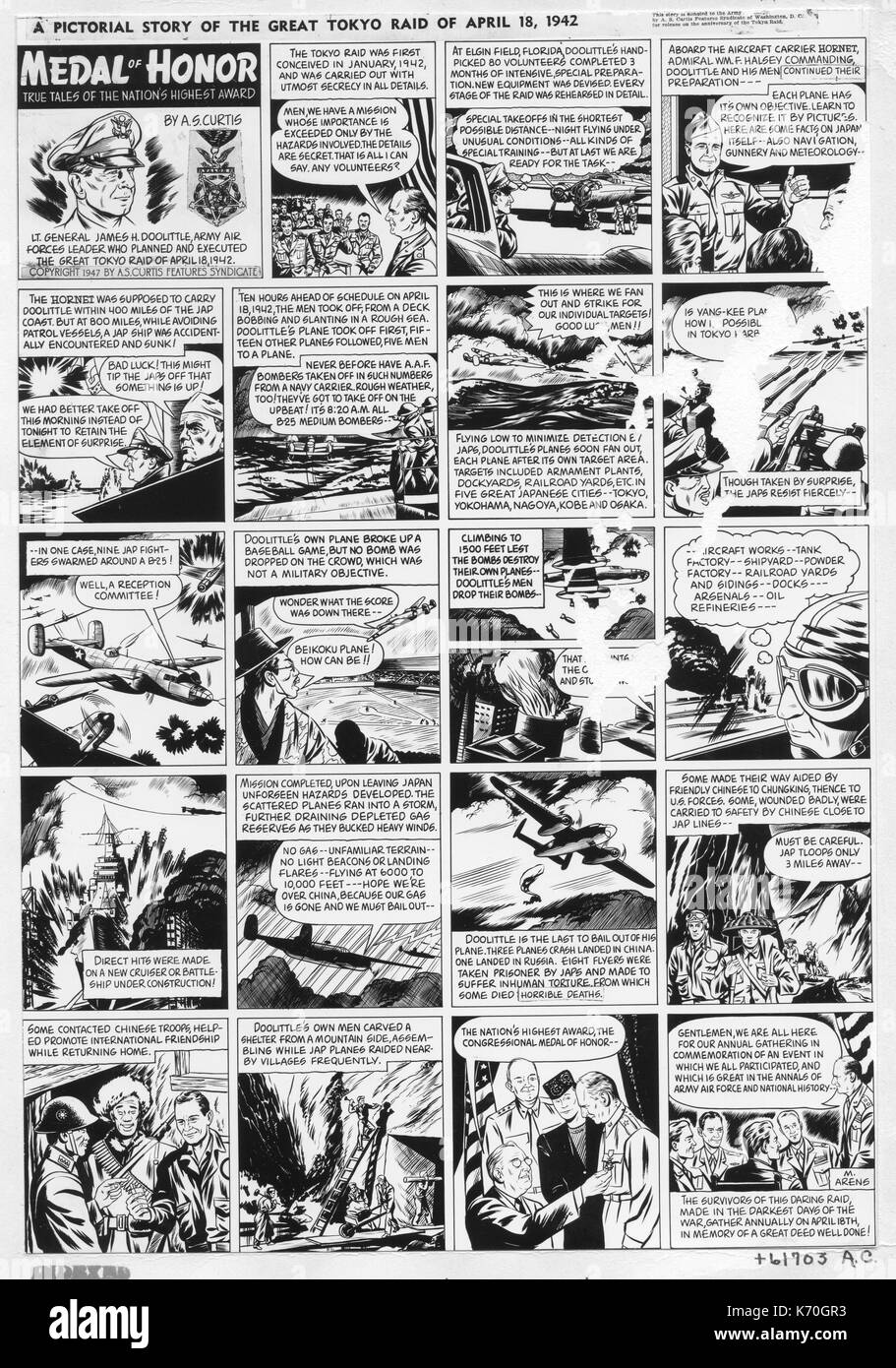 Esta caricatura historia del gran Raid de Tokio del 18 de abril de 1942, fue donada por A.S. Curtis Features Syndicate de la USAF en el aniversario del Raid Doolittle. La II Guerra Mundial Foto de stock