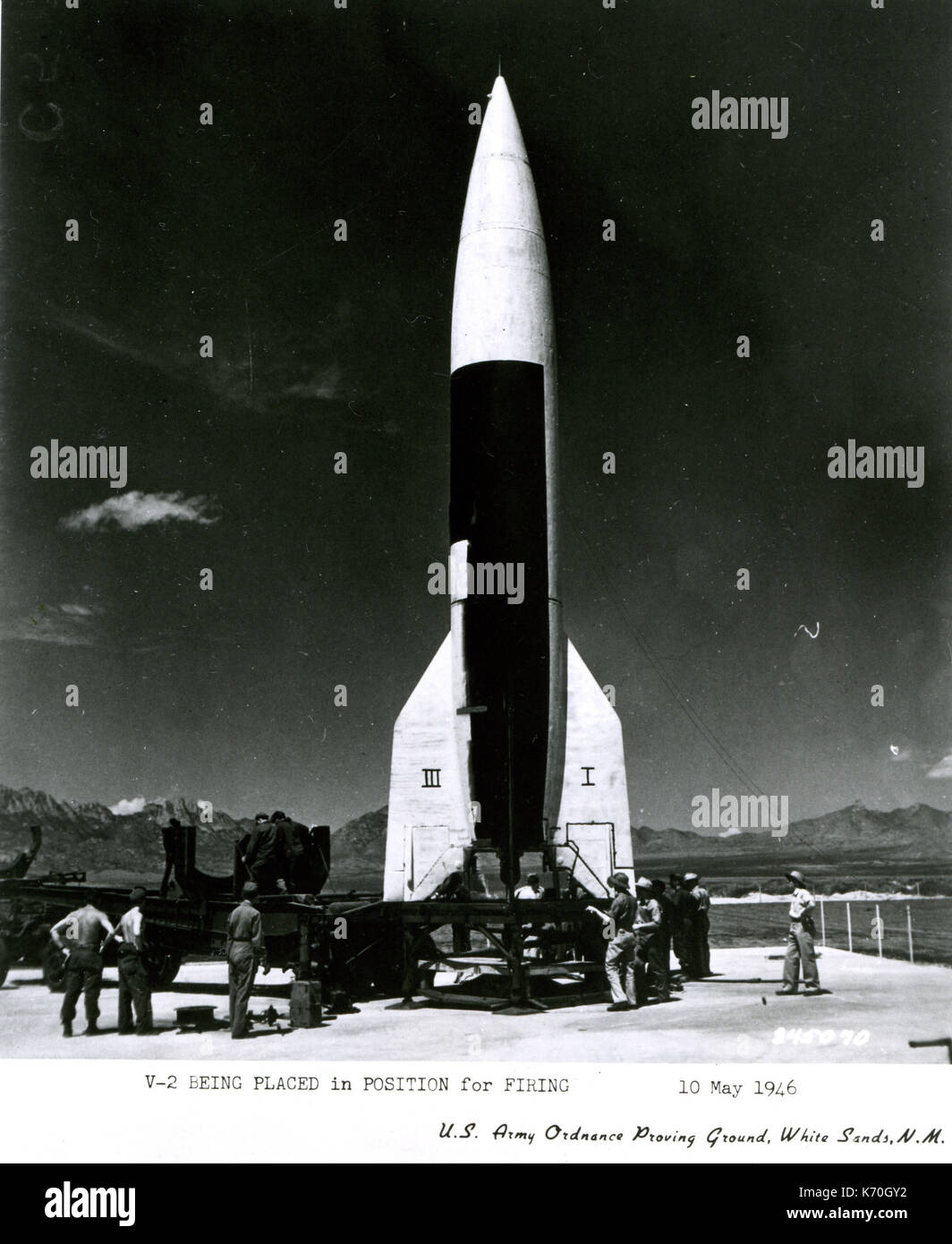 Preparativos para la prueba de los cohetes V-2 en el White Sands, NM después de la Segunda Guerra Mundial. Foto de stock