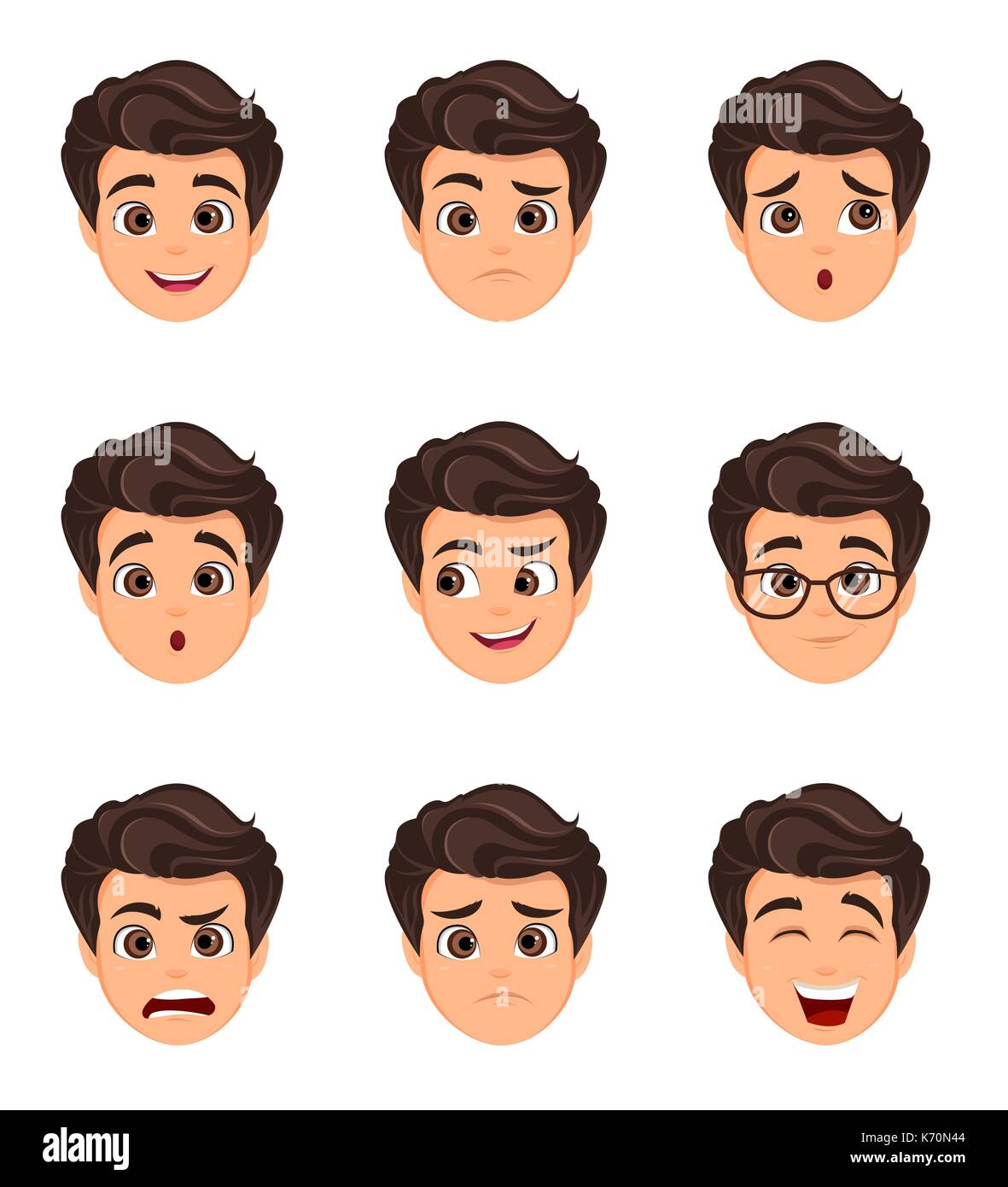 Emociones masculinas. La expresión facial. Personaje de dibujos animados  con diversas expresiones de cara. Ilustración vectorial Imagen Vector de  stock - Alamy
