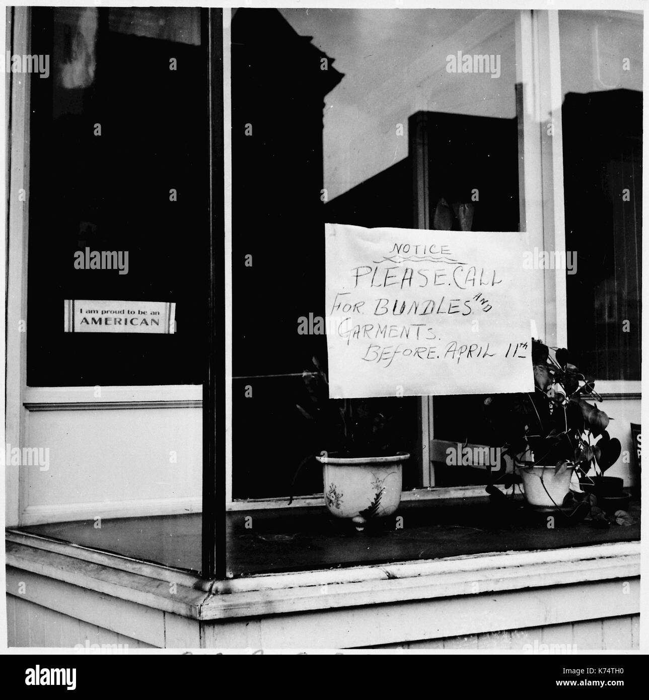 Un servicio de lavandería y limpieza de negocios, terminando sus asuntos antes de la evacuación, aún declara el patriotismo de sus descendientes de japoneses dueños, San Francisco, CA, 4/16/1942. Foto por Dorothea Lange Foto de stock
