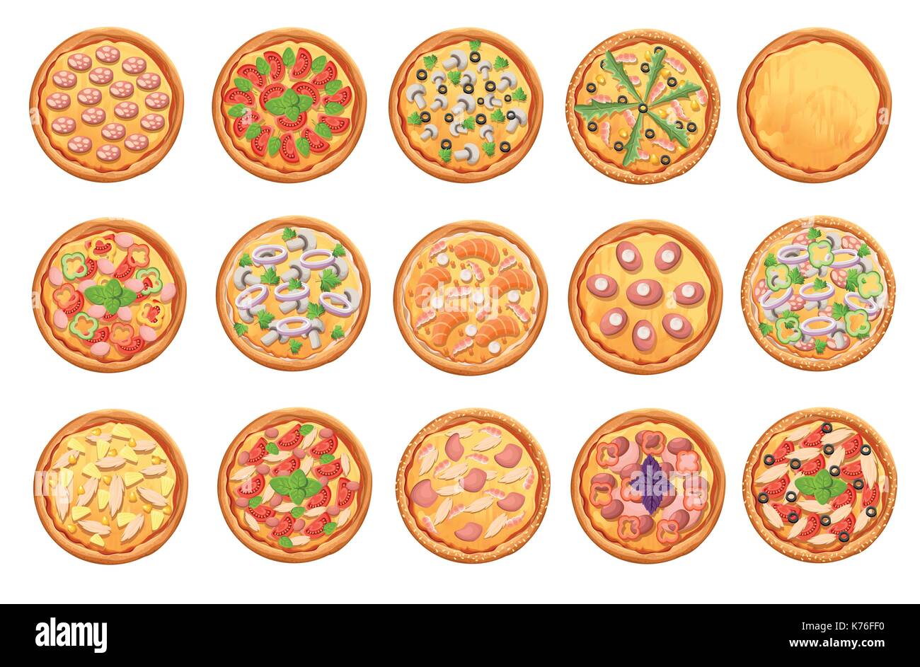Conjunto de iconos pizza plana aislado en blanco pizza vista superior establecido. página de sitio web y mobile app diseño elemento vectorial Ilustración del Vector
