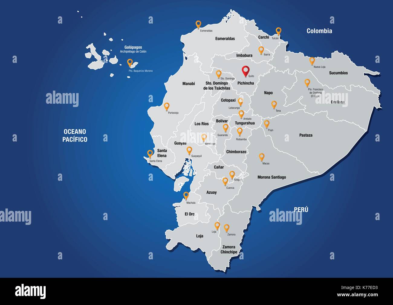 Mapa político de la República de Ecuador, con los nombres de las provincias  y sus capitales sobre fondo azul - imagen de vectores Imagen Vector de  stock - Alamy