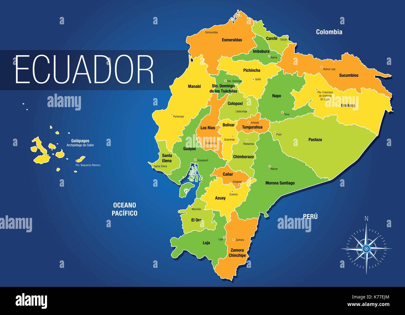 Mapa político de la República de Ecuador, con los nombres de las provincias  y sus capitales sobre fondo azul - imagen de vectores Imagen Vector de  stock - Alamy