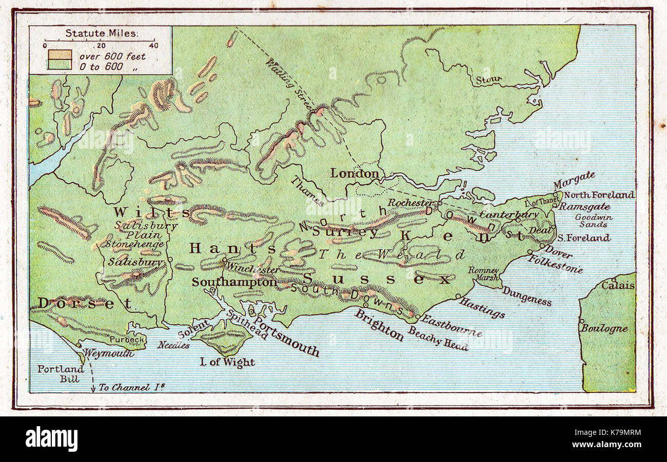 1914 Mapa del Sudeste de Inglaterra Foto de stock