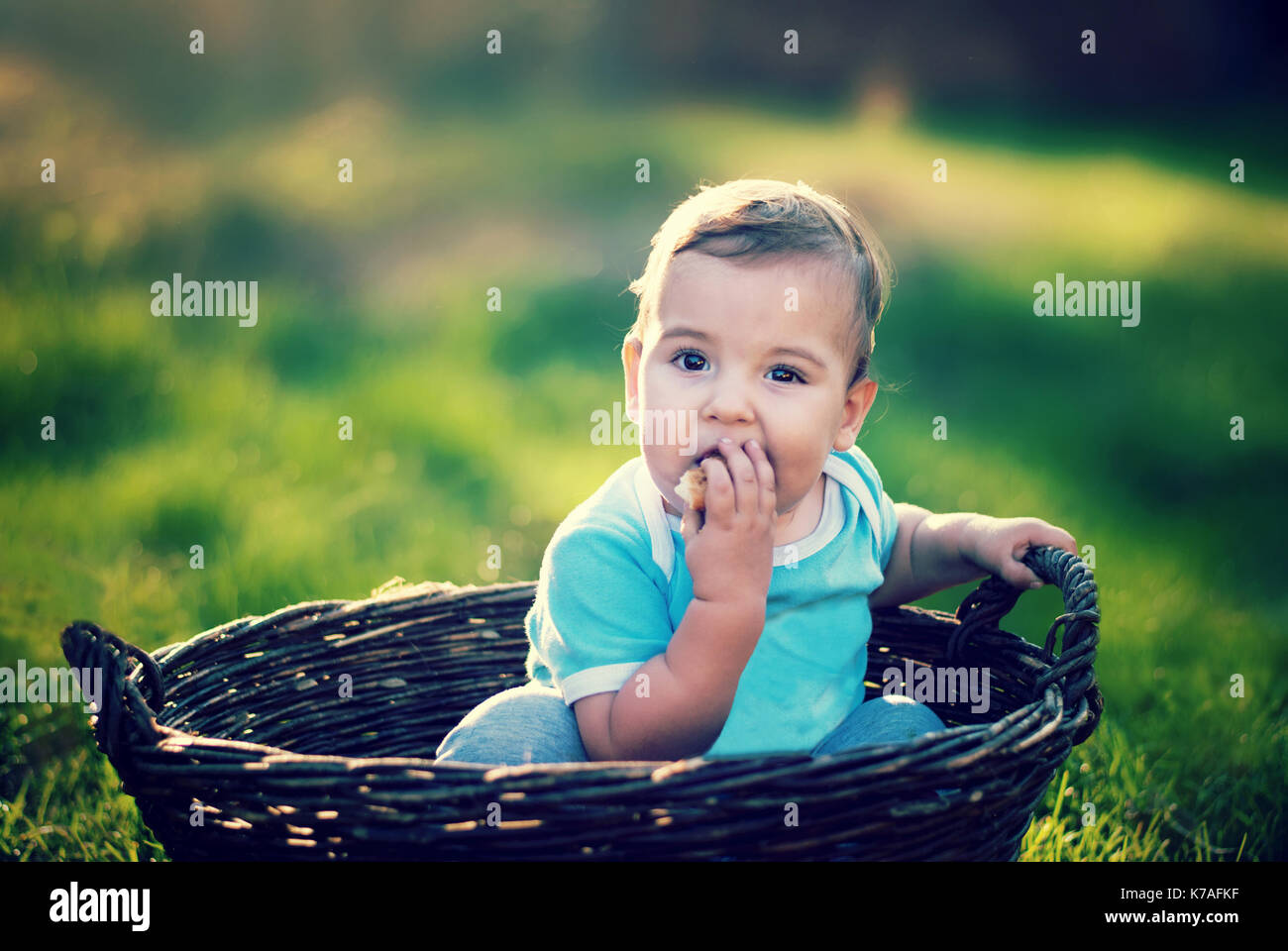 Bebé niño sentado cesta de mimbre fotografías e imágenes de alta resolución  - Alamy